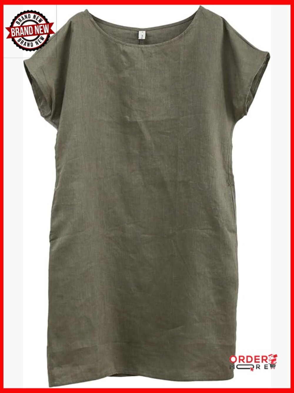 100% Linen Midi Dress Crew Neck Short Sleeve Slant Pockets Casual Summer
